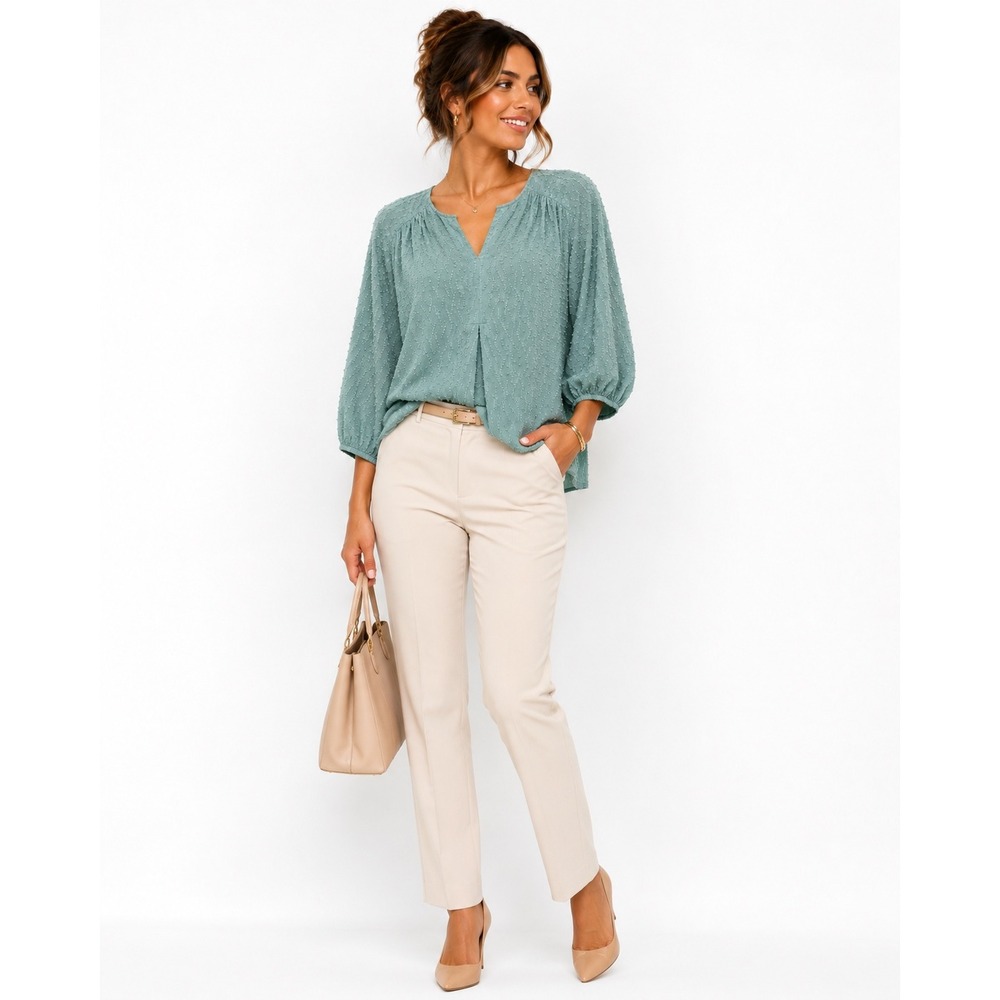 Dolan Anthropologie Top Small Sage Green Textured V-Neck Puff Sleeve Mixed Media